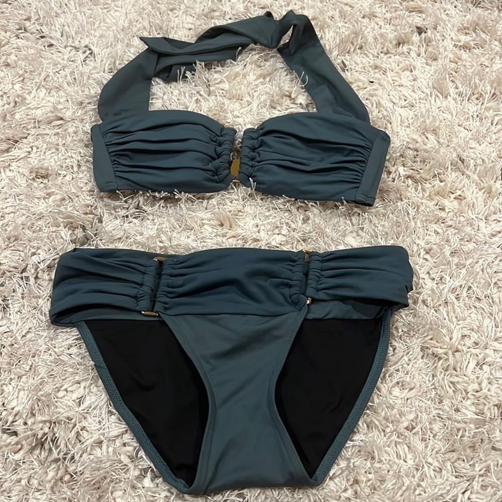 VS Victorias Secret Swimsuit Sz S Bandeau Bikini Sz Small Green w/ Gold Metal